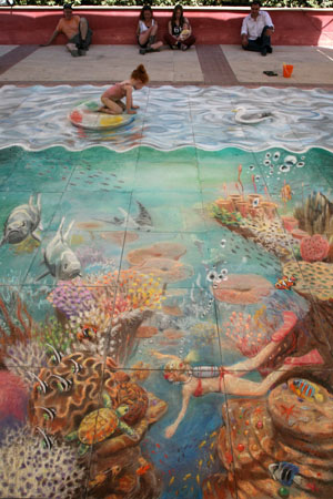 Deux mondes peinture de la rue 3D